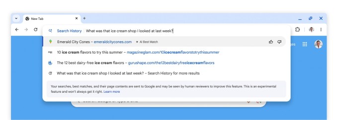 Chrome adres çubuğundaki “Geçmişi Ara” kısayolu, “Geçtiğimiz hafta baktığım dondurma dükkanı hangisiydi?” girişiyle açılır. Açılır sonuçlar doğru web sitesi olan “Emerald City Cones”un URL’sini sağlar. 