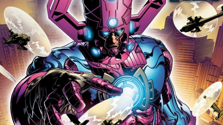 Marvel Comics'ten bir görüntüde Galactus, bir helikopter sürüsünün üzerinde beliriyor.