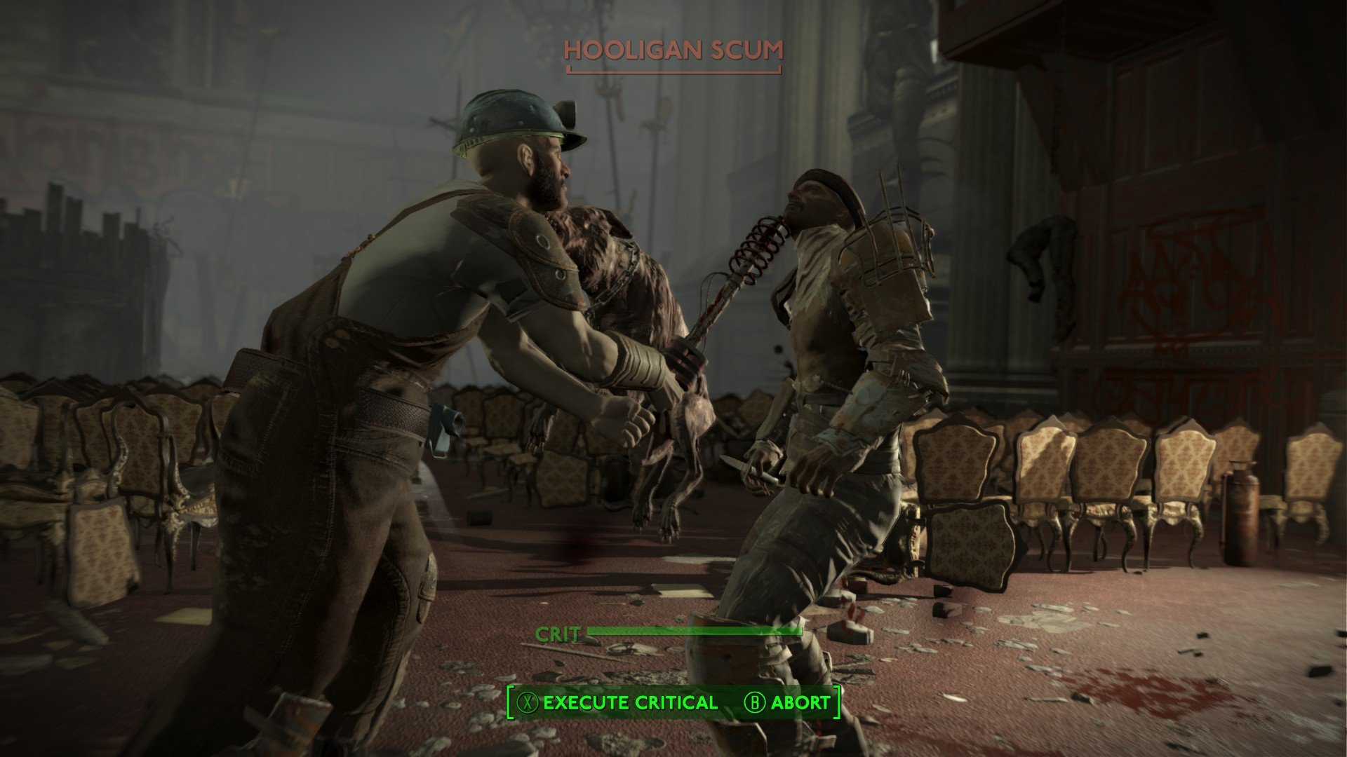 Fallout London incelemesi: Kahramanın kör bir silahla düşmanının kafasına vurduğu üçüncü şahıs VATS görünümü.