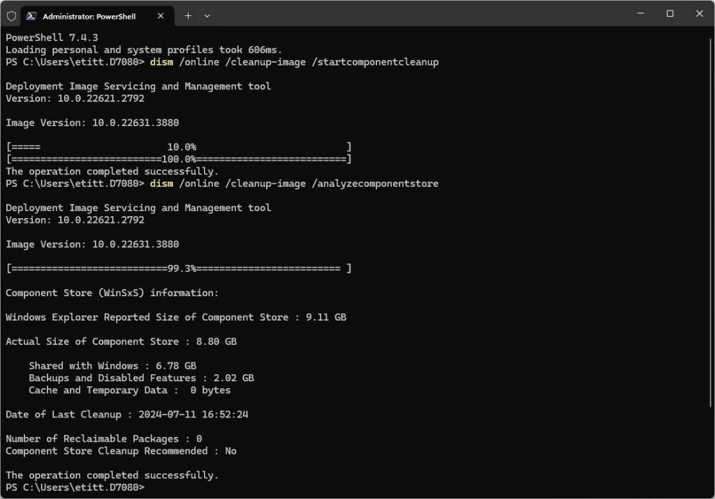 dism startcomponentcleanup ve ikinci analyzecomponentstore komutu