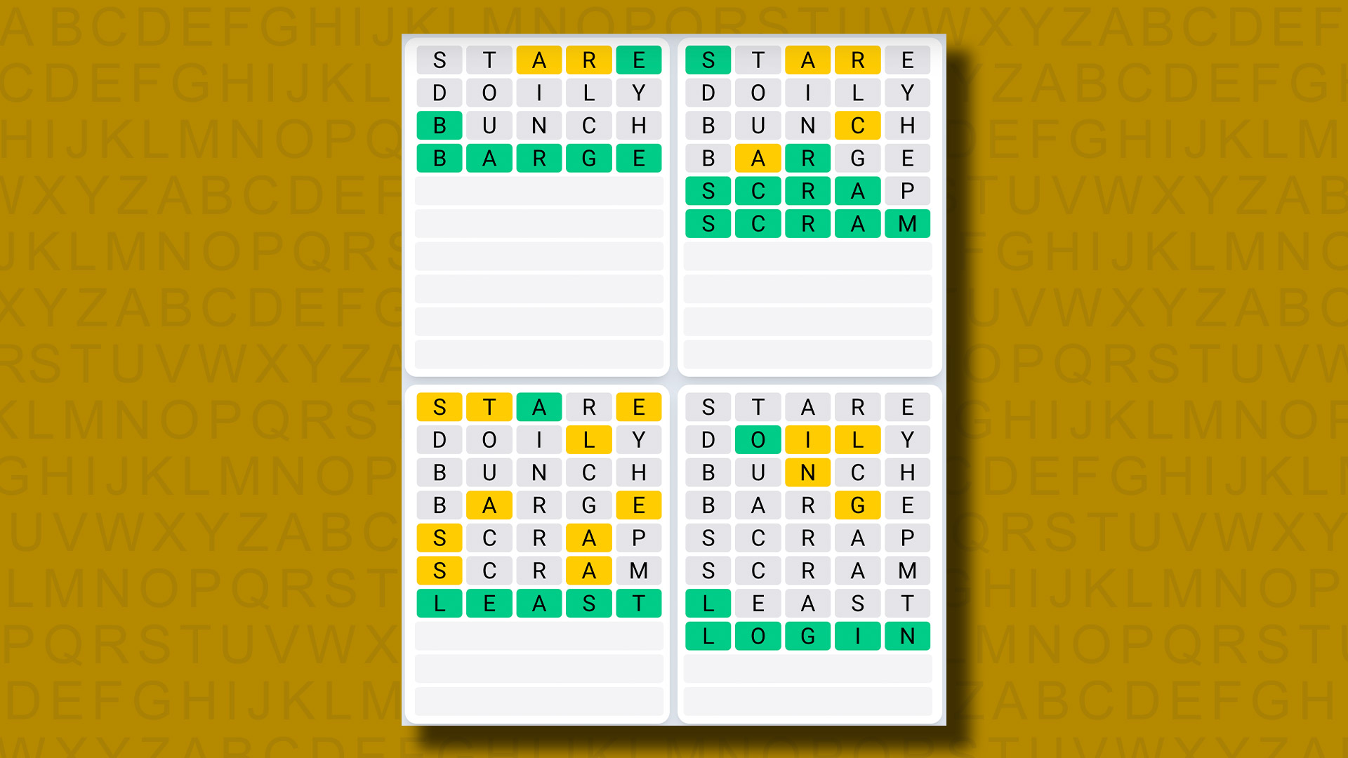 Quordle Günlük Dizisi sarı bir arka planda 922 numaralı oyun için cevapları