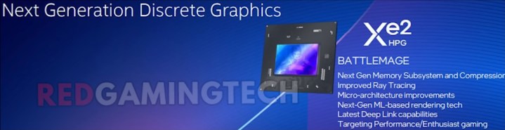 Intel'in Battlemage grafik kartlarının iddia edilen özelliklerini ayrıntılarıyla anlatan sızdırılmış bir slayt.