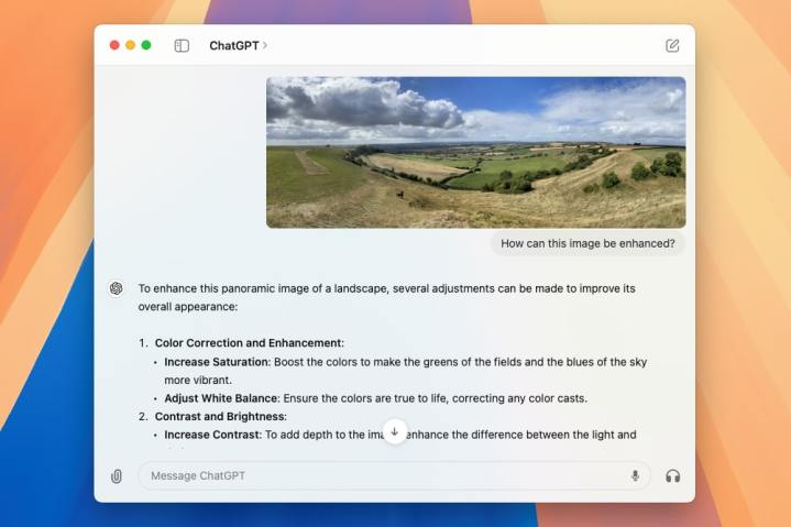 Bir fotoğrafı iyileştirmeye yönelik önerilerle birlikte macOS'taki ChatGPT uygulaması.