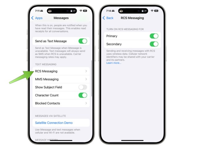 iOS 18'de RCS ayarlarının nasıl bulunacağını gösteren ekran görüntüleri.