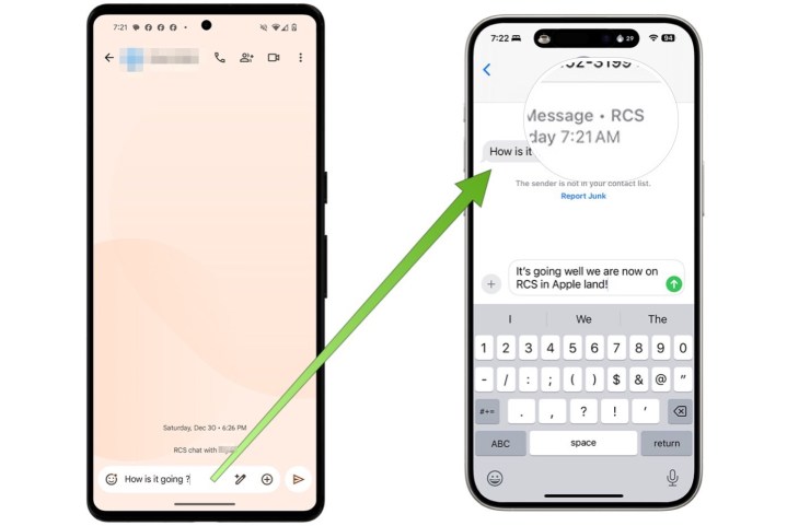 Android ve iPhone kullanıcılarının RCS aracılığıyla mesajlaştığını doğrulayan ekran görüntüleri.