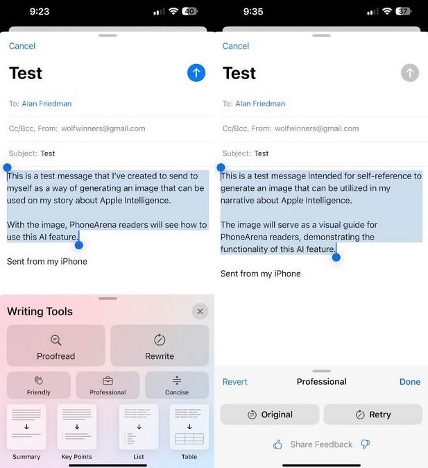 Yazma Araçları e-postalara daha profesyonel bir ton kazandırıyor. | Resim kredisi-PhoneArena - Apple Intelligence Ekim ayında geliyor; Apple iPhone 16 serisini geciktirecek mi?