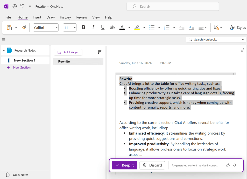 OneNote ile Copilot yeniden yazılmış metin