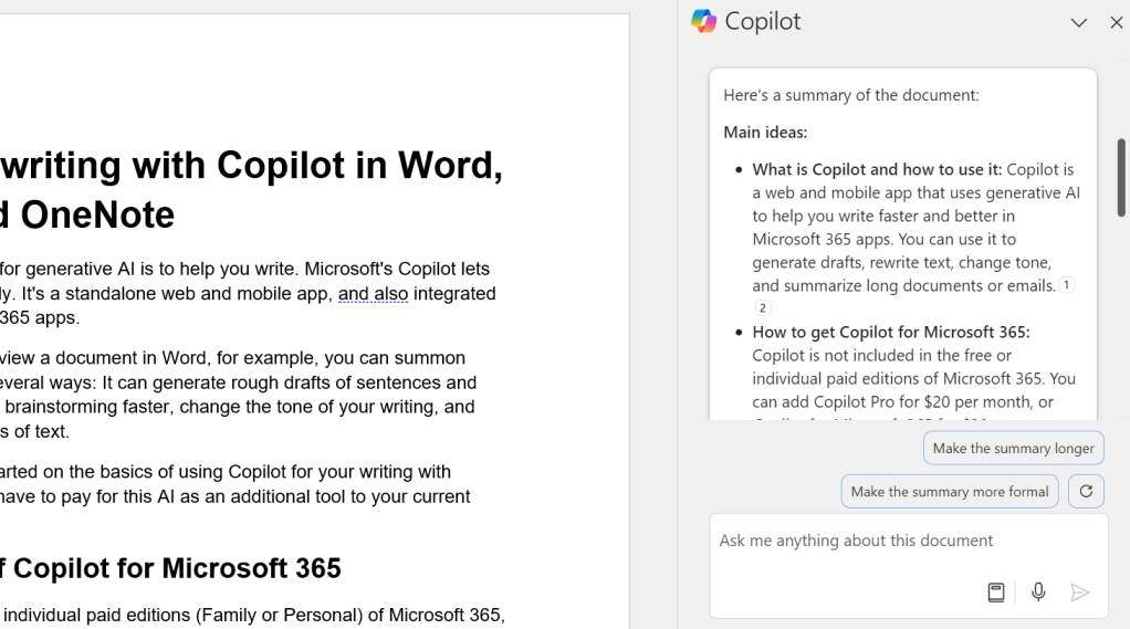 word copilot kenar çubuğu belge özeti ile