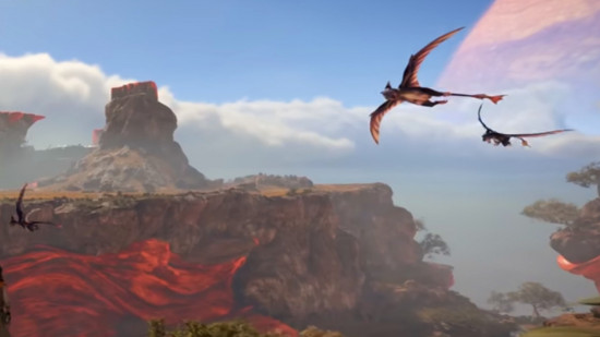 ASglis Uçanları, Star Wars Outlaws gezegenlerinden biri olan Toshara'nın kızıl kayalıklarının üzerinden uçuyor.