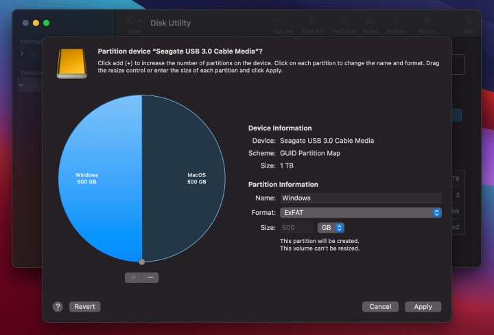 MacOS Big Sur'daki Drive Divide Partition ekranı.