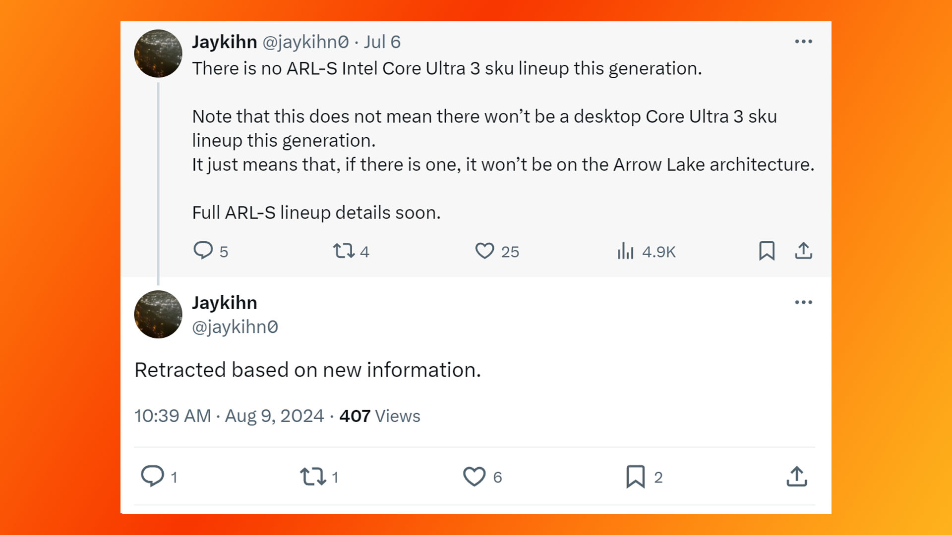 Intel Core Ultra 3 Arrow Lake geri çekilmesi - Jaykihn tweet ekran görüntüsü