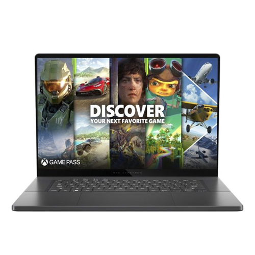 Ekranında beyaz bir arka plan üzerinde çeşitli Xbox oyunları bulunan koyu gri renkli Asus ROG Zephyrus G16.