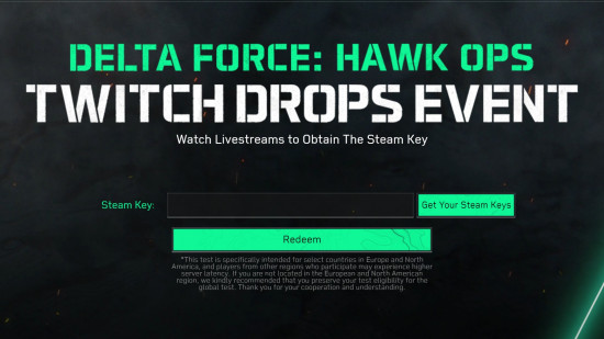 Metinde şöyle yazıyor: Delta Force Hawk Ops Twitch Etkinliği yayınlanıyor ve Hawk Ops Steam anahtarınızı kullanabileceğiniz bir kutu gösteriliyor.