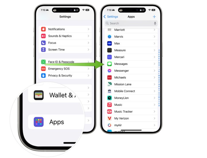 iOS 18'de Mesajlar ayarlarına nasıl erişileceğini gösteren ekran görüntüleri.