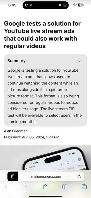 Apple Intelligence, PhoneArena.com'un Safari ile ilgili haberini özetliyor. | Resim kredisi-PhoneArena - Apple'ın iPhone kullanıcıları için yeni bir iOS sürümü yayınlamak üzere olduğu bildiriliyor