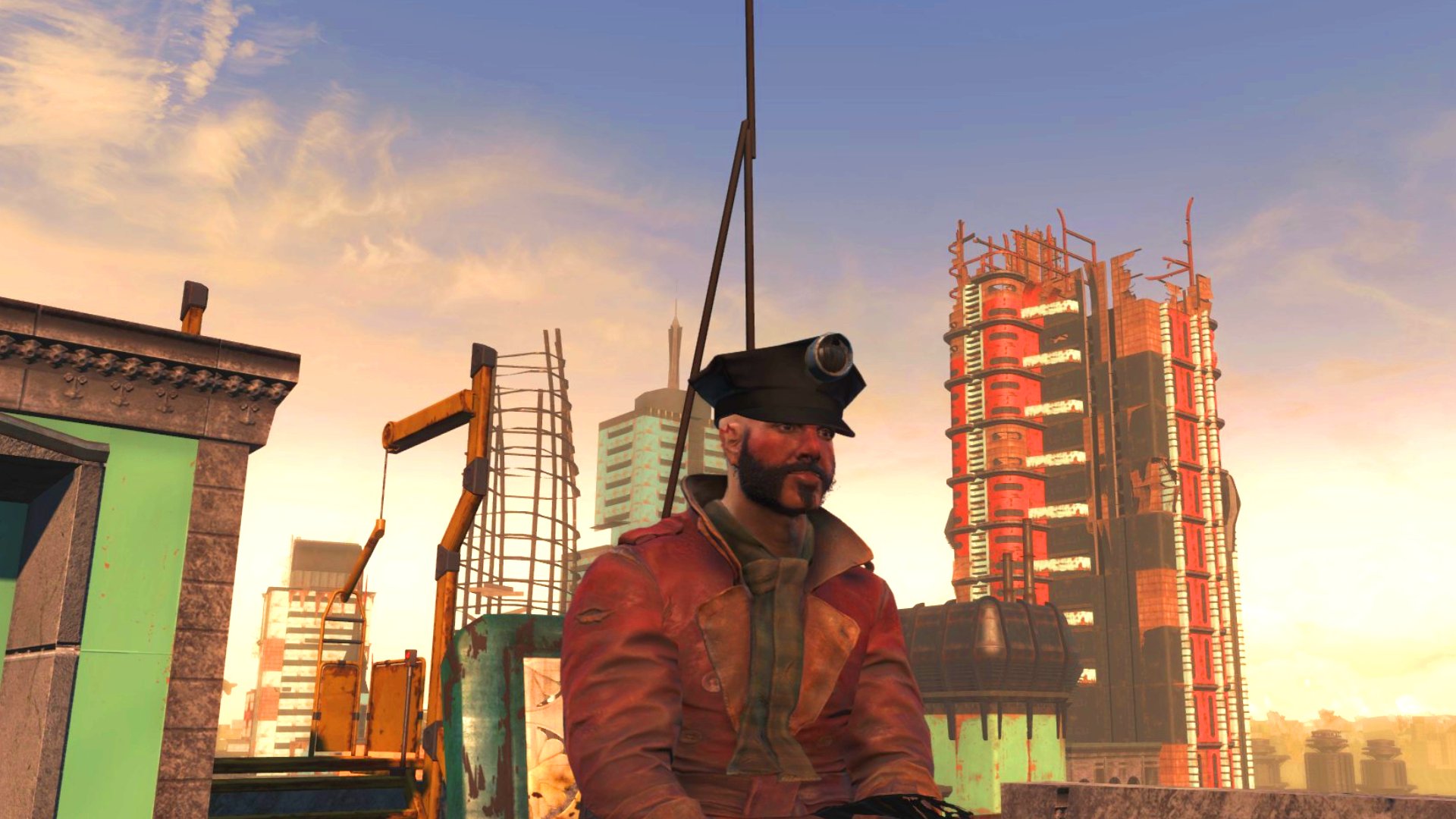 Fallout London incelemesi: Fallout London'da gün doğumunda çatıda oturan kalın favorili bir İngiliz beyefendinin üçüncü şahıs çekimi.