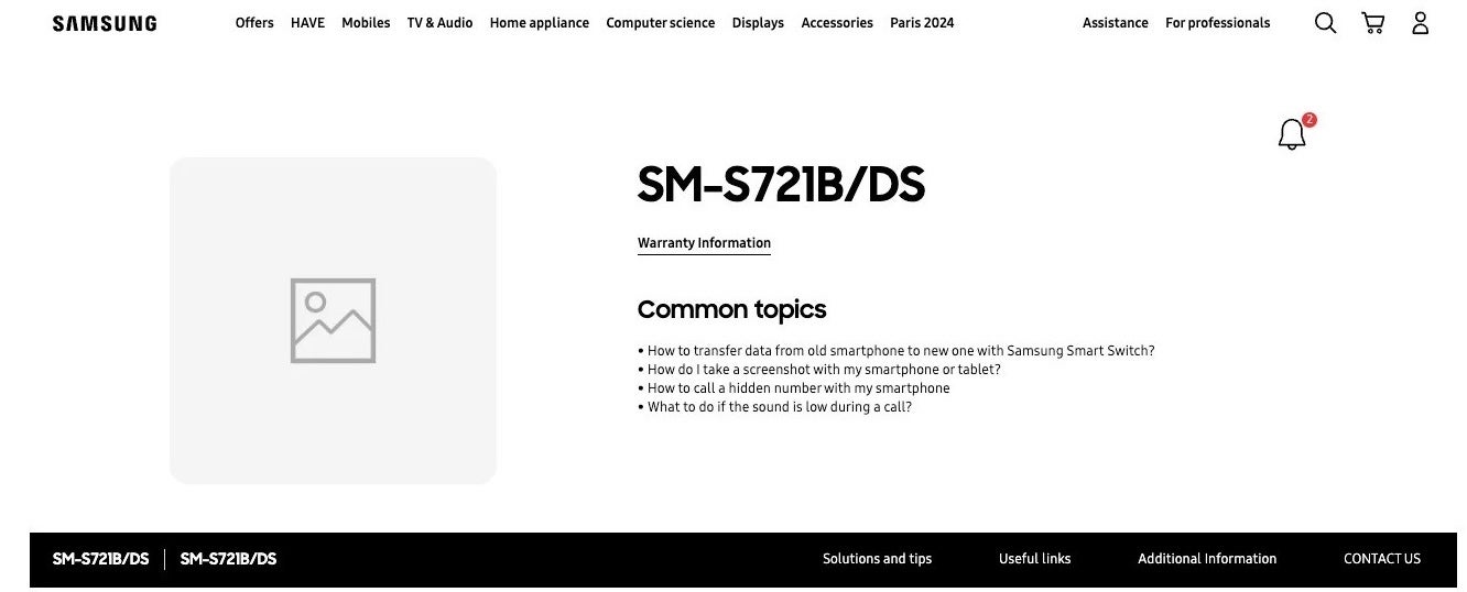 Samsung'un Fransız web sitesi, SM-S721B model numaralı bir telefon için destek sayfası gösterdi. | Resim kredisi – SamMobile - İstemsiz Samsung sızıntısı, Galaxy S24 FE'nin yolda olabileceğini gösteriyor