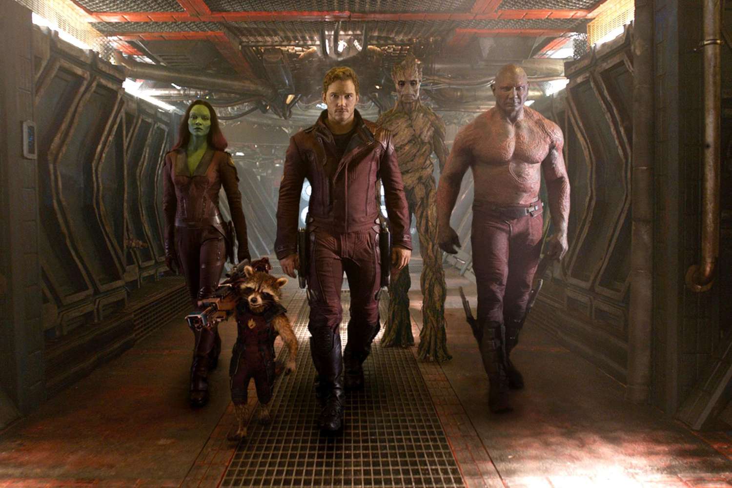 Marvel'ın Galaksinin Koruyucuları filmindeki Gamora, Rocket, Star-Lord, Groot ve Drax.