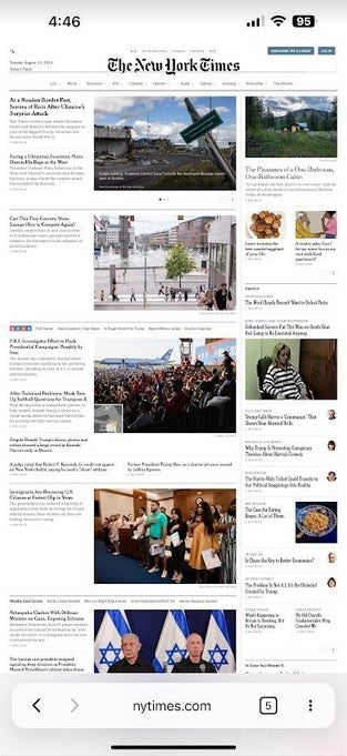 New York Times web sitesinin masaüstü sürümü, tıpkı bir PC veya Mac'te olduğu gibi görünüyor. | Resim kredisi-PhoneArena - Opera'nın iOS için yeni uygulaması o kadar çok harika özelliğe sahip ki, yeni varsayılan tarayıcınız olabilir