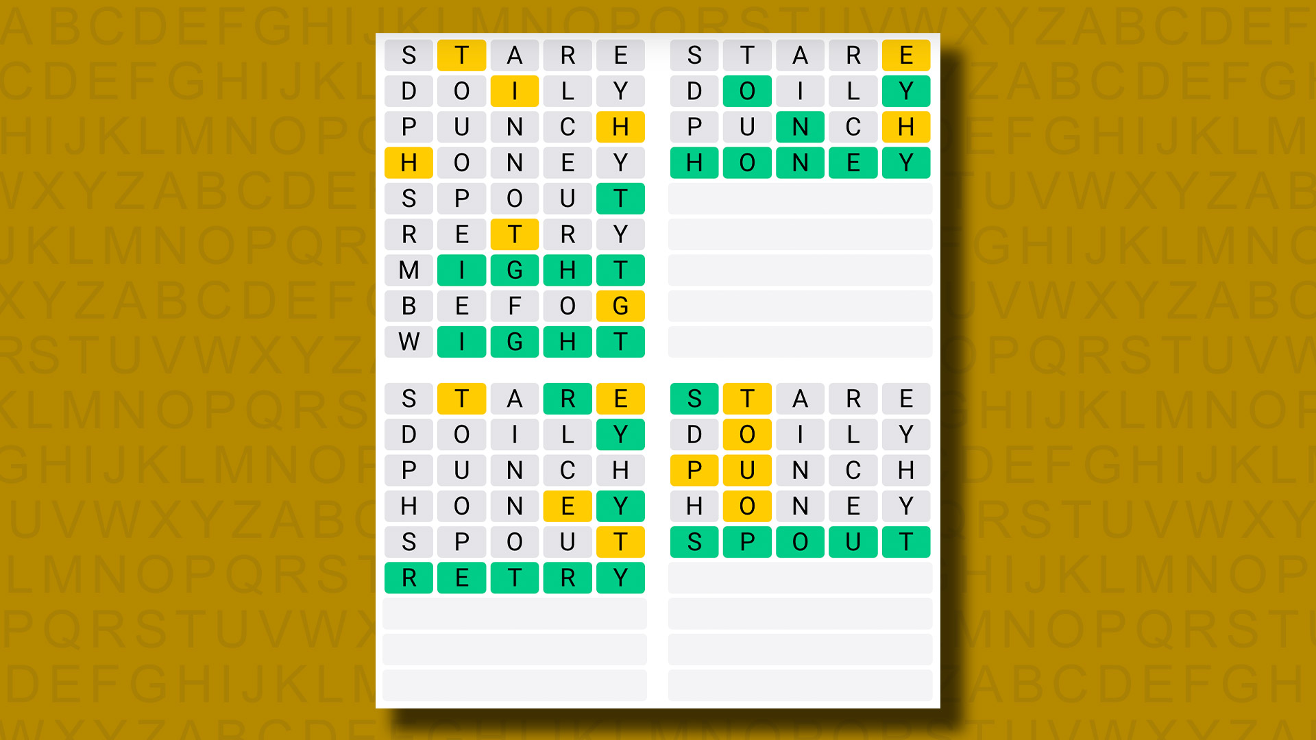 Quordle, sarı bir arka planda 921. oyun için cevap veriyor