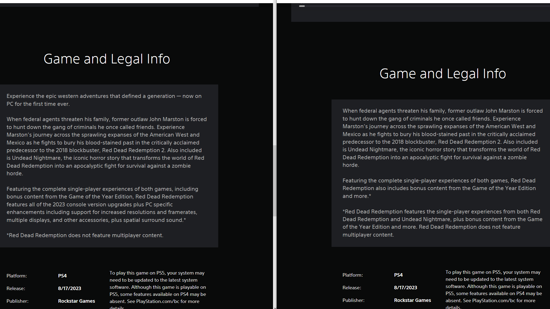 Red Dead Redemption'ın PlayStation Store'daki listesi, yanlışlıkla PC sürümü açıklamasının yerleştirildiği yer (solda Internet Archive'den) ve düzenleme sonrası (sağda mevcut liste).