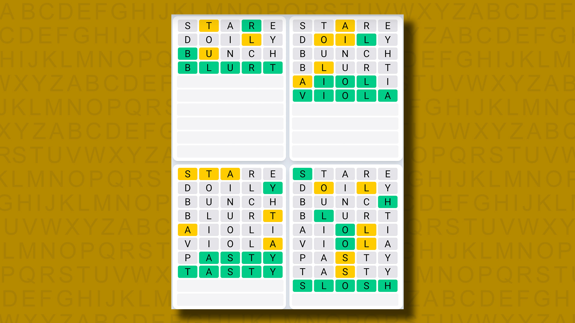 Quordle günlük dizi cevapları sarı bir arka planda 951. oyun için