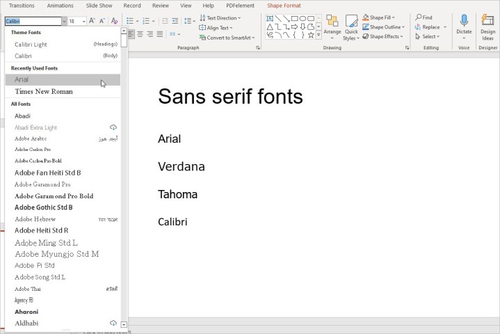 PowerPoint'teki sans serif yazı tiplerinin listesi.