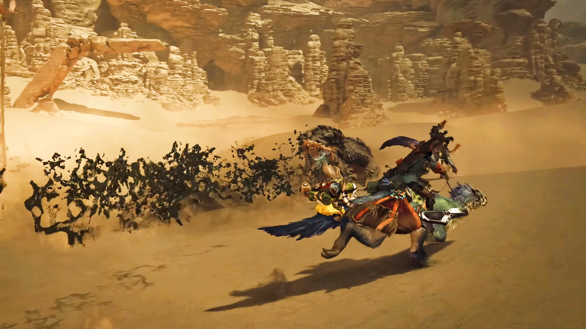 Monster Hunter Wilds - Çölde Seikret'e binen bir avcı.