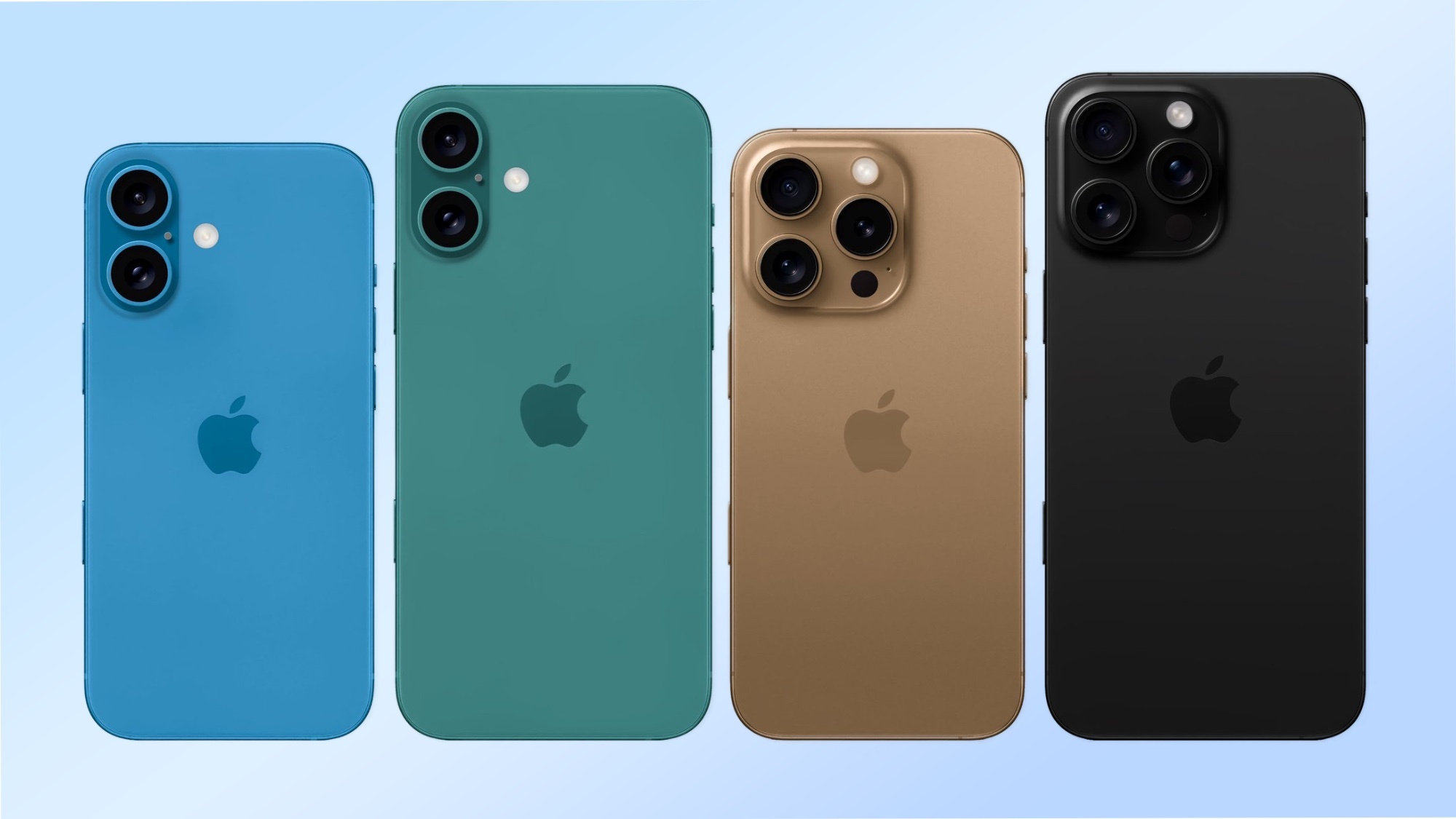Mavi arka planda iPhone 16 modellerinin dizilimi