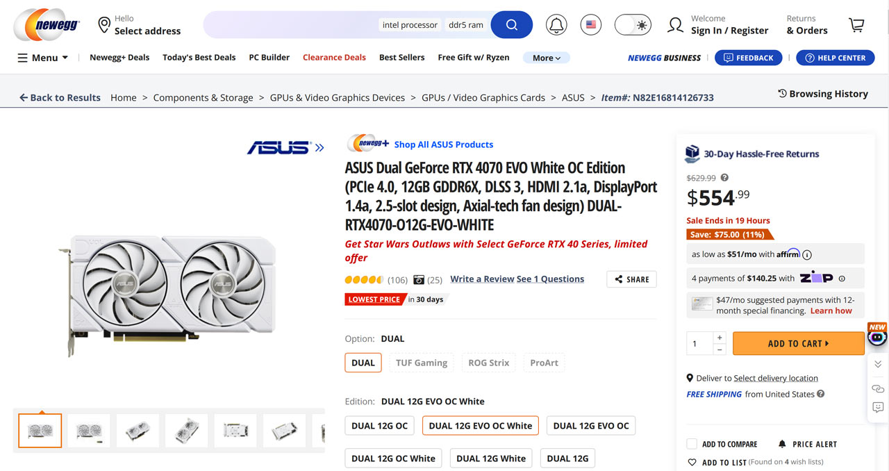 Asus Dual GeForce RTX 4070 12GB GDDR6X beyaz