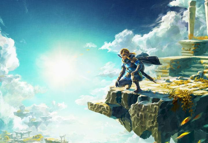 Link, The Legend of Zelda: Tears of the Kingdom'ın ana sanat eserinde Hyrule'a bakıyor.