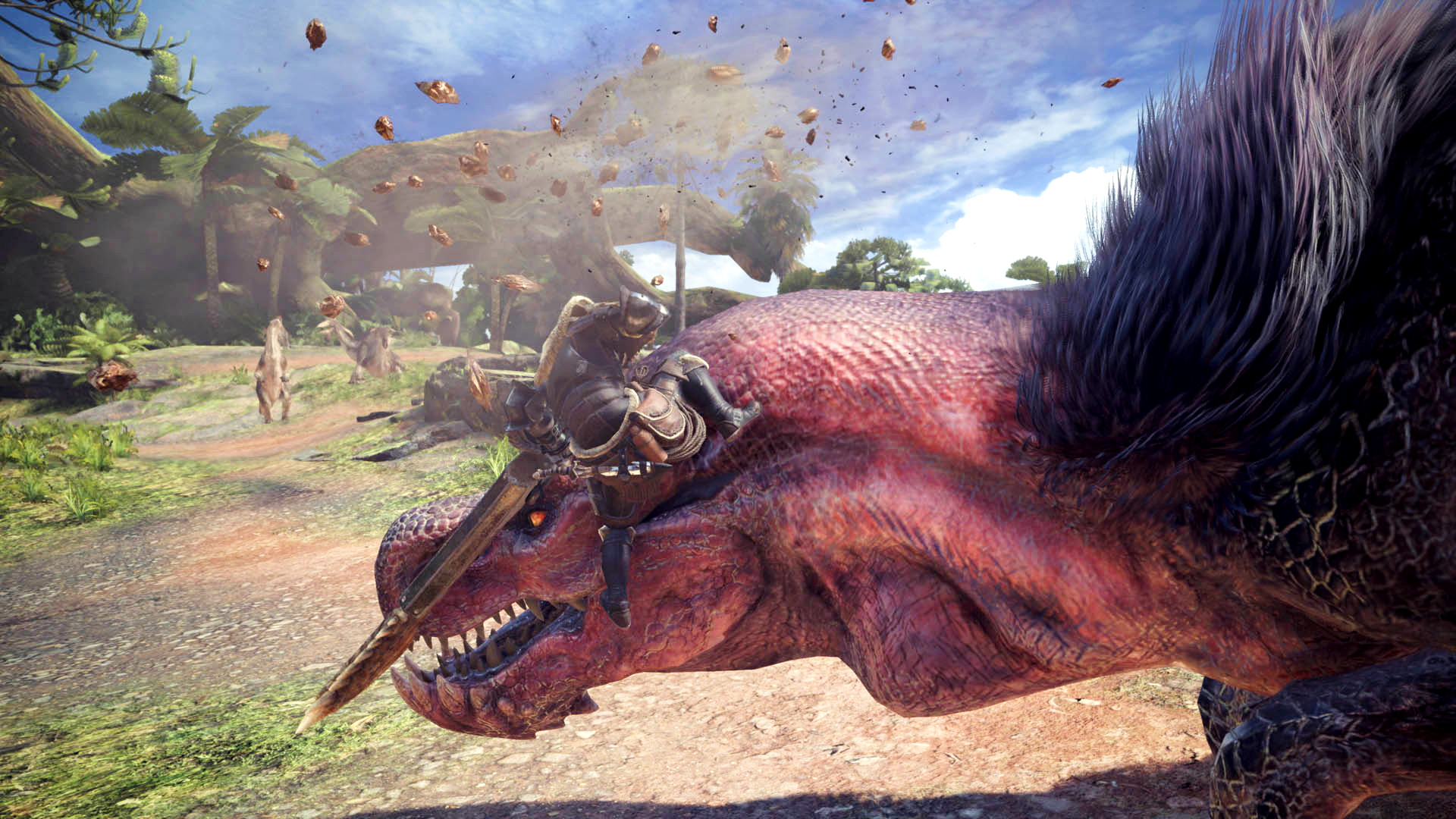 Monster Hunter World - Bir oyuncu Anjanath'a biner.