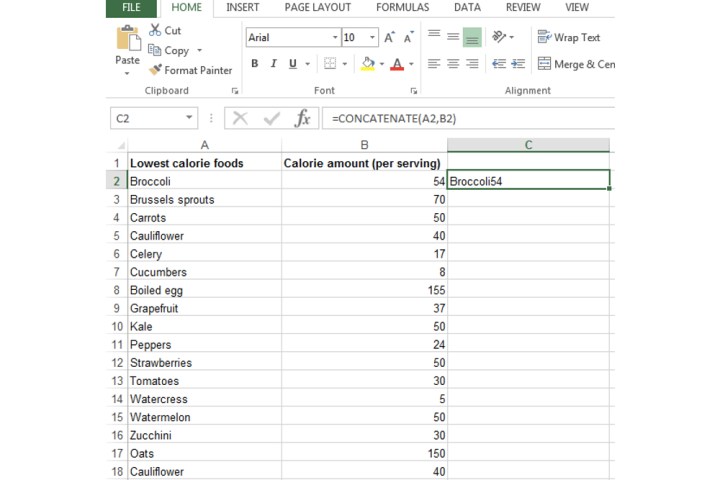 Excel'de birleştirme formülü girildikten sonra bir hücrenin nasıl göründüğü.