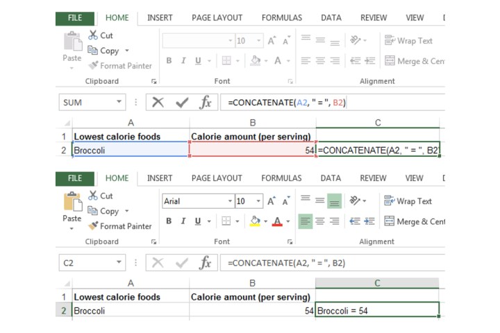 Excel'de birleştirilmiş formül içerisine boşluk ve eşittir işareti ekleme.