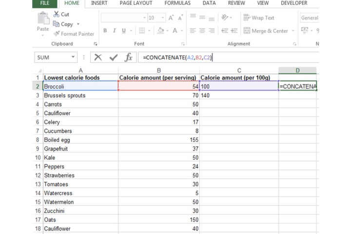 Excel'de üç sütunu birleştirmek için birleştirme formülü.