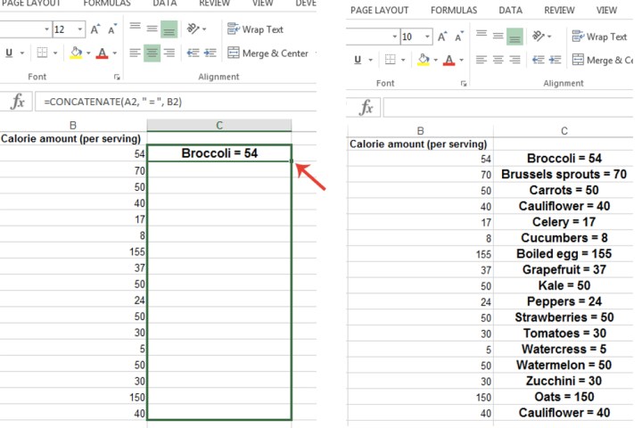 Excel'de bir hücreyi sürükleyerek birleştirme formülünü uygulama.