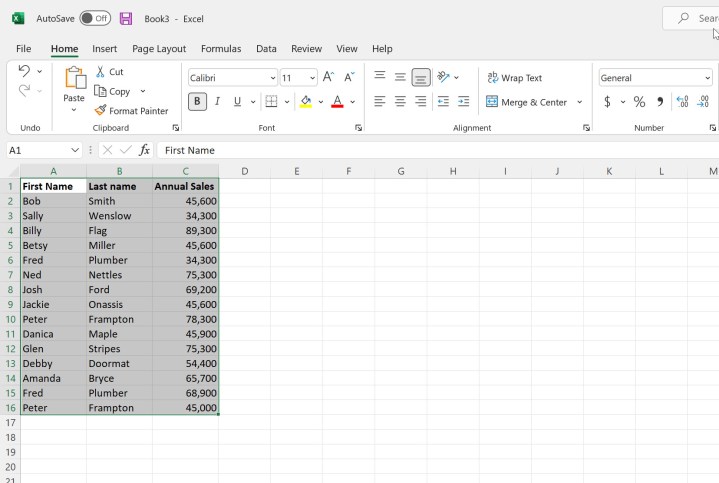 Microsoft Excel'de koşullu biçimlendirme için verileri seçme.