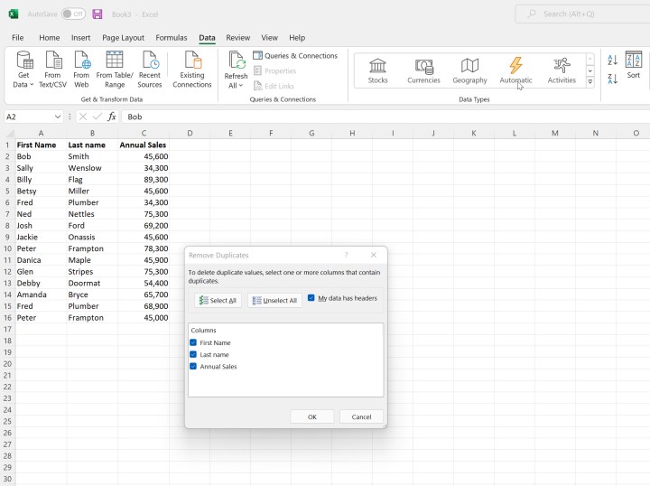 Microsoft Excel'deki yinelenen seçenekleri kaldırın.