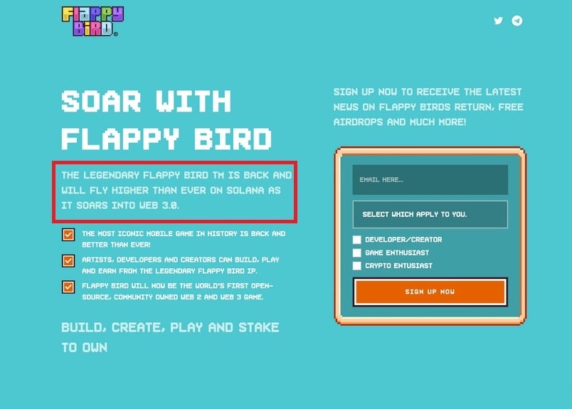 Bir güvenlik araştırmacısı tarafından keşfedilen bu sayfaya göre yeni Flappy Bird oyunu SOL kripto para birimine bağlı. | Resim kredisi-Varun Biniwale - Uyarı! Flappy Bird'ün yeniden canlanması sizi kripto para birimi satın almaya ikna etmekle ilgili gibi görünüyor