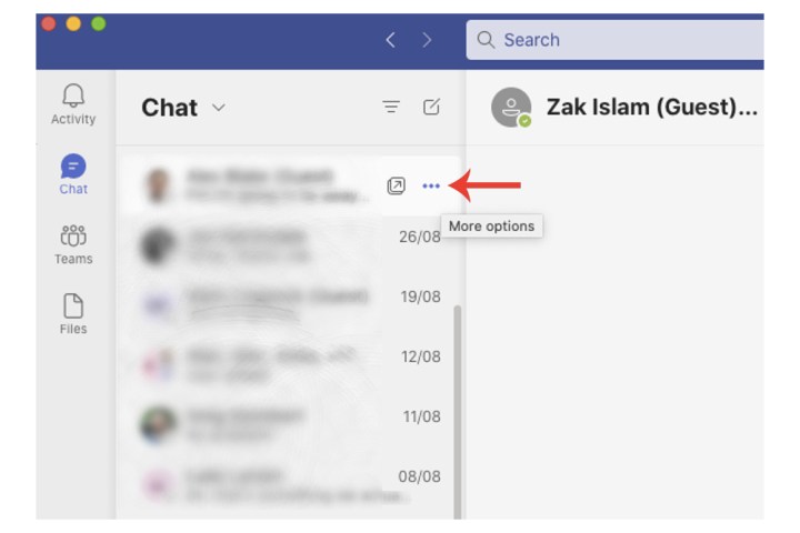 Konuşmalar için Microsoft Teams'deki Daha fazla seçenek ayarı.