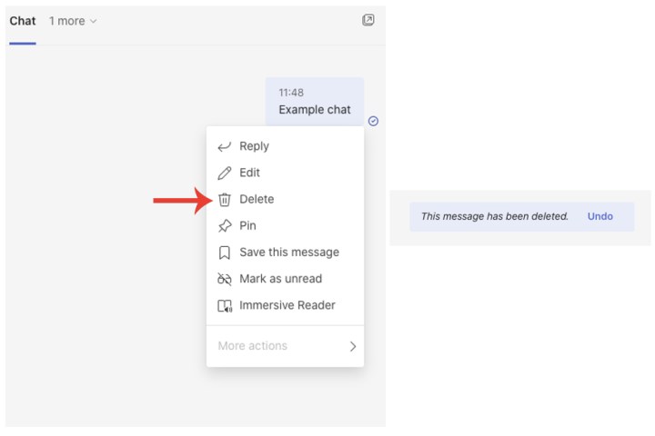 Sohbet içindeki mesajları silmek için Microsoft Teams'deki Sil seçeneği.