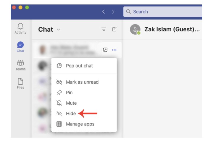 Microsoft Teams'deki Sohbetler kenar çubuğunda bir sohbeti gizlemek için Gizle seçeneği.