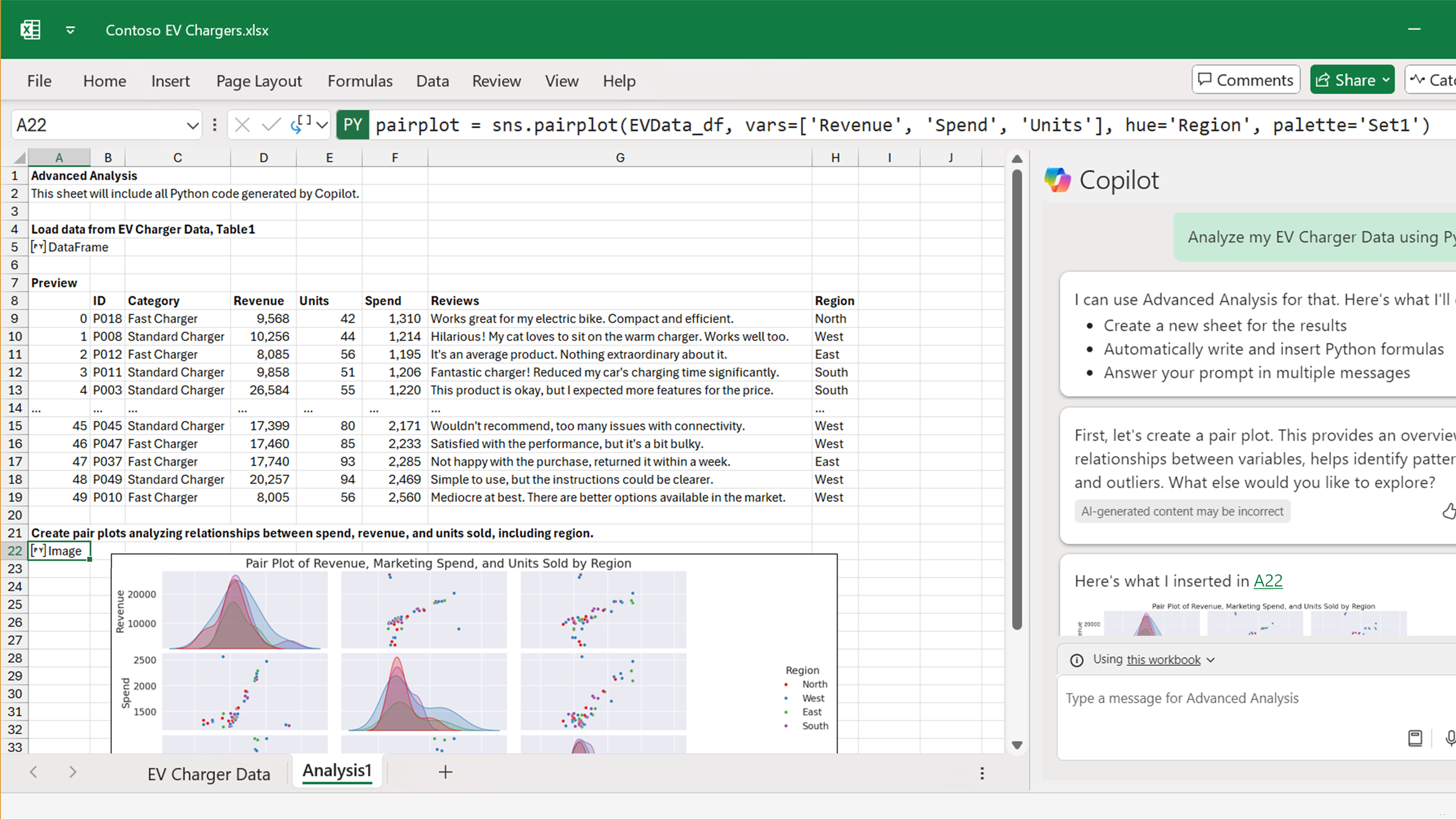 Microsoft Excel'de Python'da veri analizi gösteriliyor.