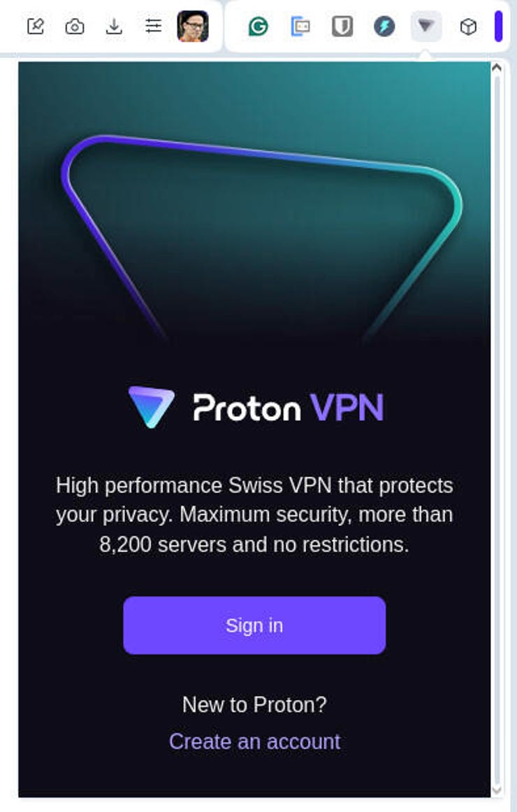 Proton VPN oturum açma açılır menüsü.