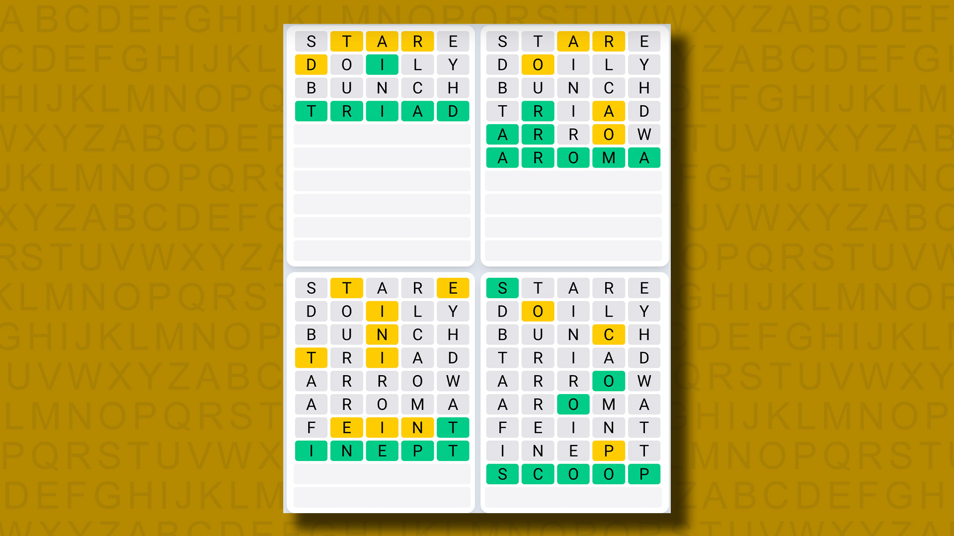 Quordle Günlük Dizisi sarı bir arka planda 967. oyun için cevapları