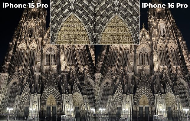 Geceleri Gotik bir katedrali gösteren, iPhone 15 Pro ve iPhone 16 Pro ile çekilen fotoğrafların karşılaştırılması.