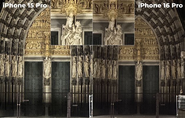 iPhone 15 Pro ve iPhone 16 Pro ile çekilen fotoğrafların heykel kasa ayrıntılarıyla karşılaştırılması.