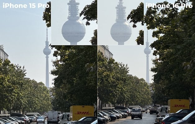 iPhone 15 Pro ve iPhone 16 Pro ile çekilen fotoğrafların karşılaştırması Berlin TV Kulesi'ni gösteriyor.