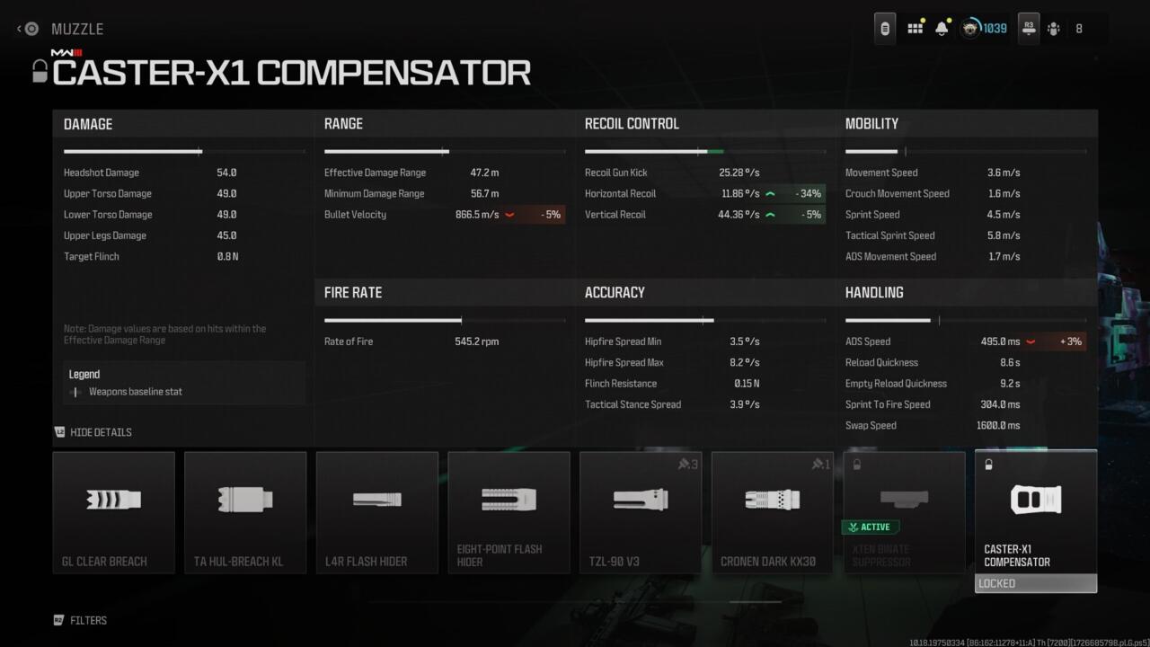 Caster-X1 Compensator'ın tam istatistikleri