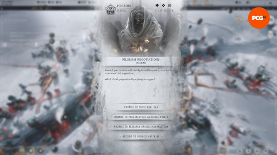 Frostpunk 2'nin güvenini artırmak için vaatlerde bulunma yönteminin bir parçası olarak Hacılar grubuyla ilişkileri iyileştirmek için seçilebilecek üç seçenek.